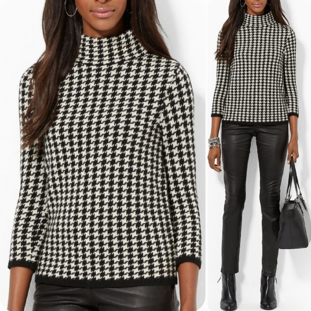 Lauren Ralph Lauren Houndstooth black white preppy Merino wool knit sweater L